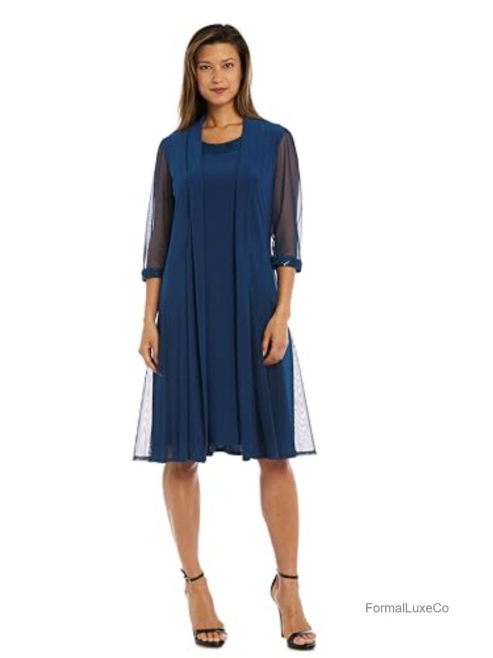Pleated Two-Piece Formal Dress Set with Beaded Mesh Duster